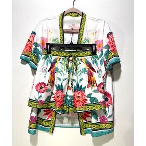 Tropical 2 piece shorts suit pull on beach vacation resort novelty print women M